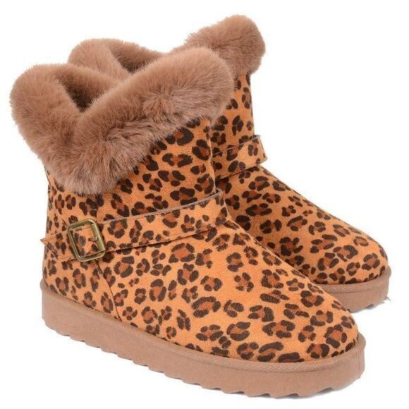 NIB Leopard Fur Short Durable Ankle Vegan Suede Bootie Warm Winter Women's 5 - Picture 2 of 9